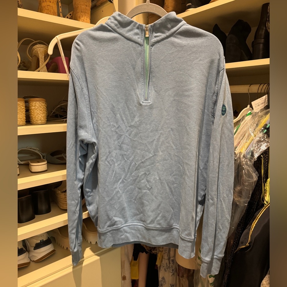 Peter Millar quarter zip pull over ~ blue with light green zipper ~ Medium